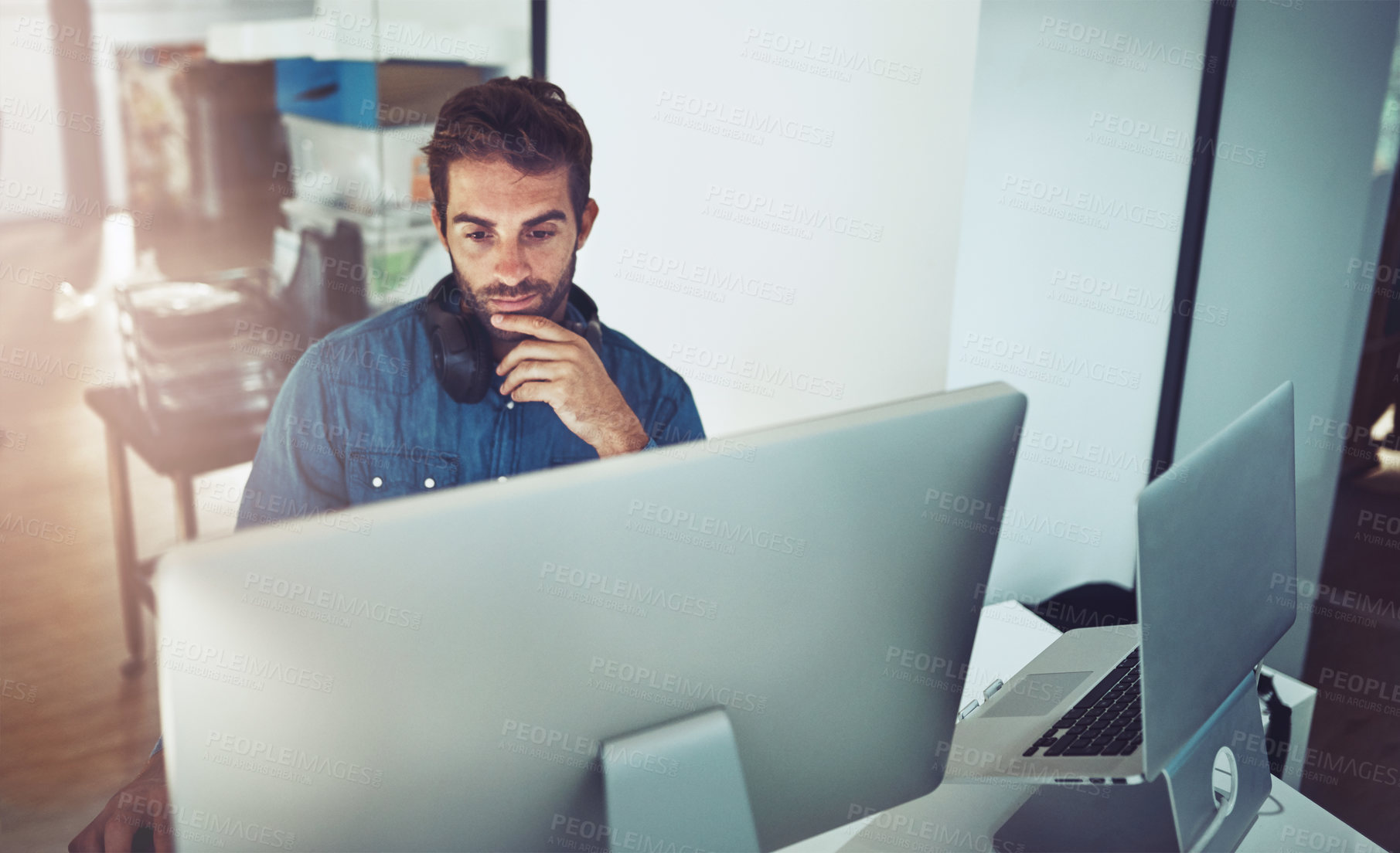 Buy stock photo Idea, computer and business man reading email, thinking or problem solving in creative startup office. Pc, serious programmer and planning solution, decision making and reflection for IT project