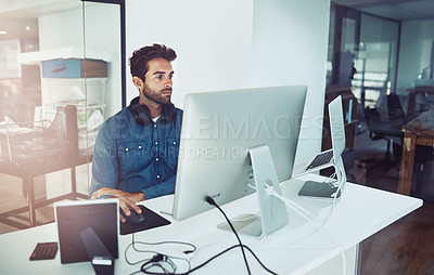 Buy stock photo Office, serious and business man on laptop for planning, reading email or network online in creative startup. Pc, graphic designer and internet for project on computer, technology or info on software