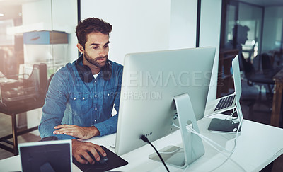 Buy stock photo Serious, business man and computer for reading email, planning or network online in creative startup office. Pc, graphic designer and internet for project on laptop, research and info on software