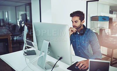 Buy stock photo Thinking, computer and business man in office for decision, reading email or problem solving in creative startup. Pc, serious programmer or planning solution, reflection or vision at desk for IT idea