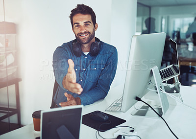 Buy stock photo Portrait, computer and businessman with handshake gesture for greeting, welcome or agreement. Smile, technology and male web developer with shaking hands offer for partnership or thank you in office.