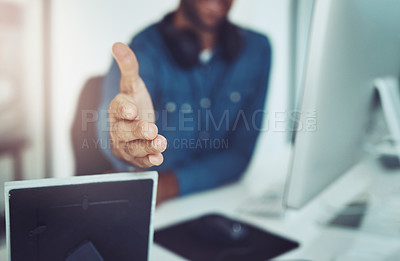 Buy stock photo Handshake, deal and businessman with stretch hand for greeting, welcome or agreement. Professional, partnership and male web developer with shaking hands gesture for thank you or offer in office.