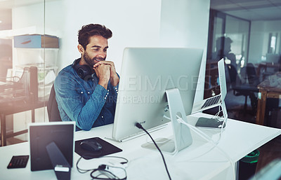 Buy stock photo Office, computer and business man planning for decision, reading email or problem solving in creative startup. Pc, happy programmer or thinking of solution, reflection or vision at desk for IT idea