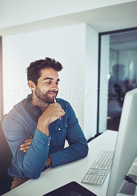 Buy stock photo Computer, thinking and businessman in office with pen for planning, idea or reading online info. Research, goal and web designer with pc search for creative, inspiration and checking email feedback