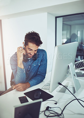 Buy stock photo Businessman, thinking and pen in office for planning, brainstorming and notes for research. Male person, strategy and to do list in workplace for startup company, creative agency and development. 
