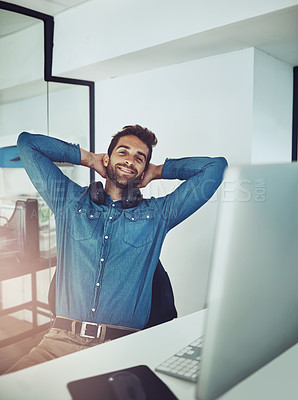 Buy stock photo Relax, businessman and portrait with computer for consulting, telemarketing or entrepreneurship. Person, realtor or real estate agent happy with headphones for work, communication or customer service