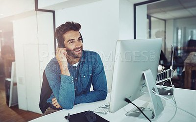 Buy stock photo Video call, advice and man with headset, computer and agent in office for telemarketing webinar. Consulting, networking and virtual assistant in conversation in lead generation, crm or online meeting