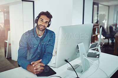 Buy stock photo Consultant, portrait and computer with headset, smile and office for technical or customer support. Call center man, company or corporate service for workplace, happiness and employee tech confidence