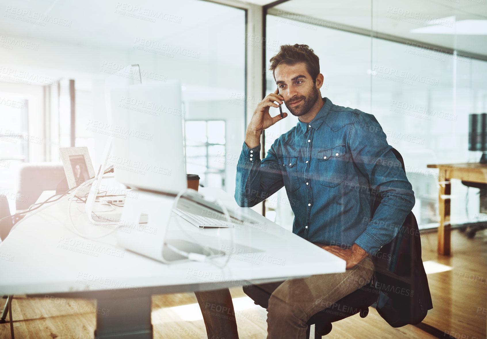 Buy stock photo Working, laptop and businessman with phone call in office for networking, discussion or talk with contact. Career, journalist or male person with mobile to connect, chat or technology for information