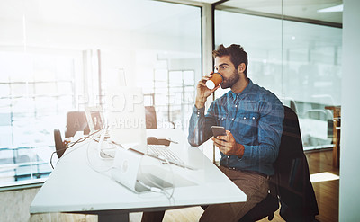 Buy stock photo Businessman, coffee and cellphone at desk in office for networking communication and relax at work. Technology, male person and web development in workspace for online research and marketing company