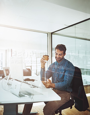 Buy stock photo Man, technology and desk for web design with creative job, lens flare and startup business. Morning, entrepreneur and coffee in office with mobile, social media and online conversation with friends