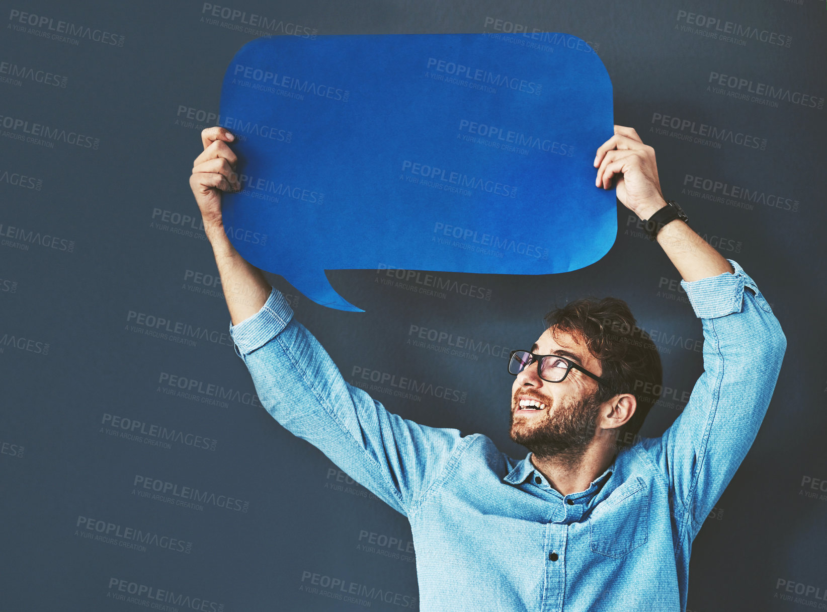 Buy stock photo Businessman, face or dialogue with speech bubble on studio background for FAQ, company announcement or news. Mockup space, cardboard sign or person with poster for opinion, positive feedback or quote