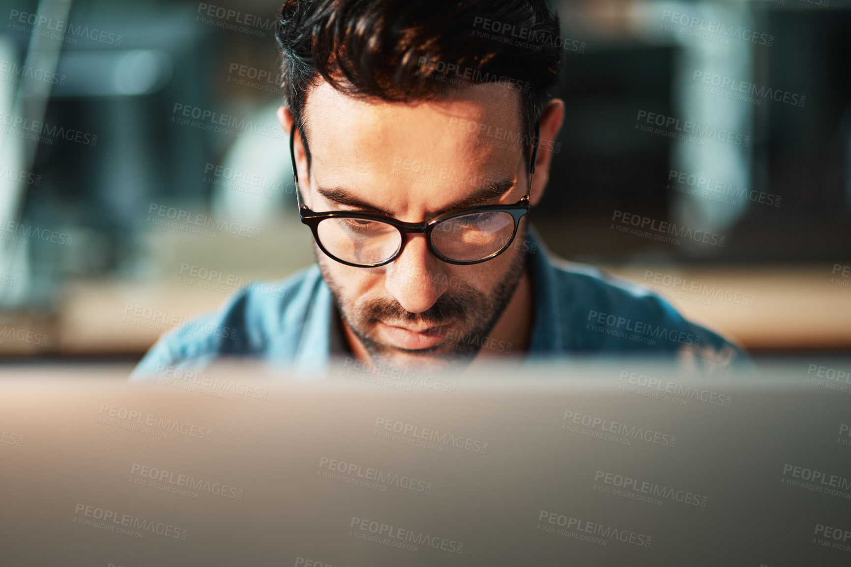 Buy stock photo Serious man, face and glasses at computer in office for planning software update, online research and data analysis. Focused developer, desktop and internet connection for business, website or coding