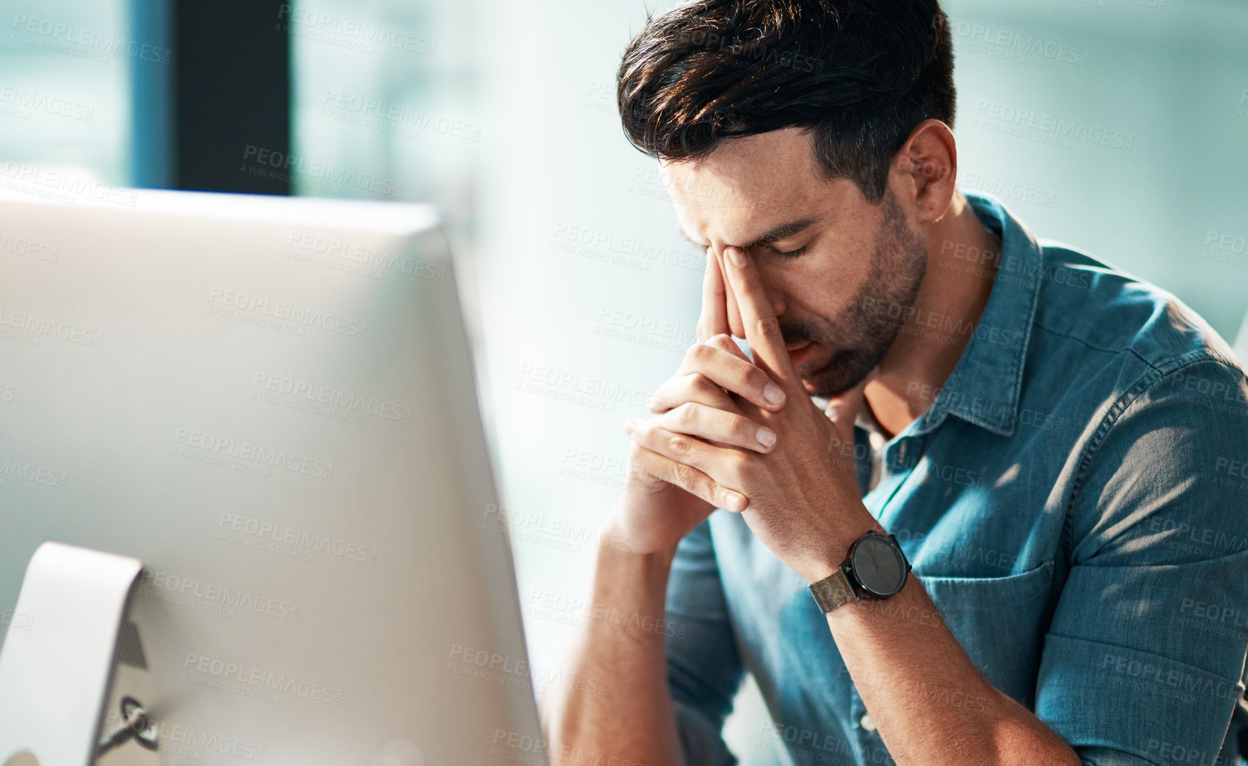 Buy stock photo Business man with headache, burnout and computer problem with anxiety, crisis and brain fog in office. Stress, fatigue and frustrated worker at desktop pc for mistake, online glitch and tired of risk