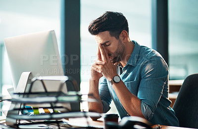 Buy stock photo Stressed businessman with pain, headache or stress while working at office and looking tired exhausted and unhappy. Corporate worker feeling burnout and overworked failing to reach a deadline crisis