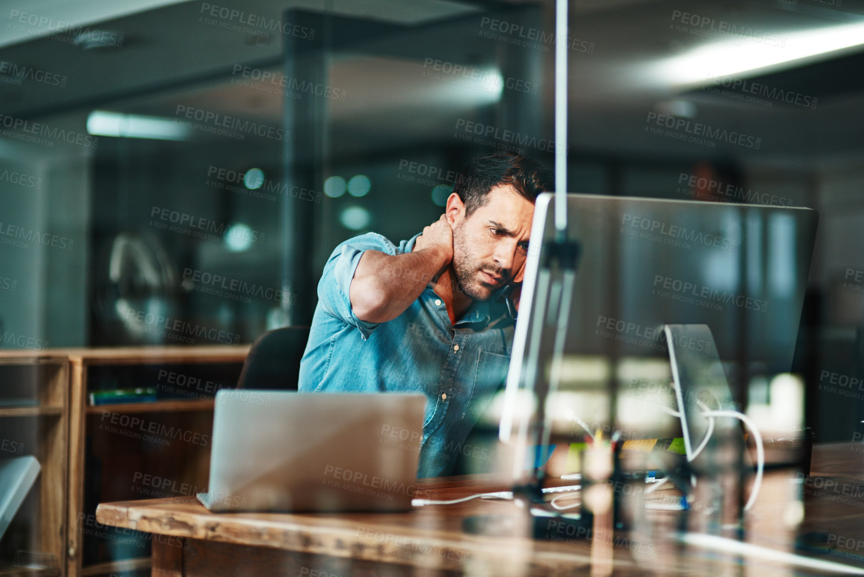 Buy stock photo Business man, phone call and stress at computer in office for mistake, problem and anxiety of fail, error or bad news. Frustrated, confused and worried worker talking on telephone, desktop and crisis