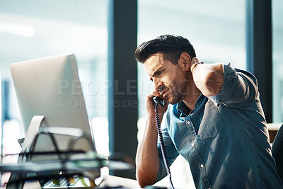 Buy stock photo Business man, telephone call and stress in office for mistake, problem and anxiety for failure, bad news and crisis at computer. Frustrated worker, worry and talking on phone with fatigue of burnout