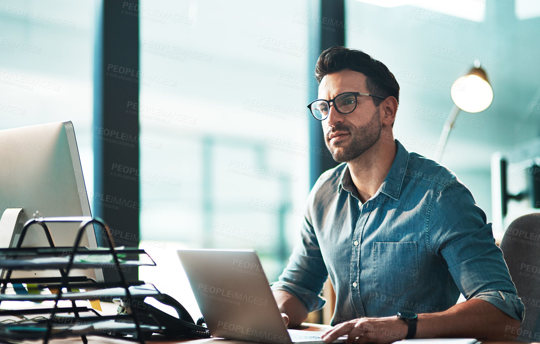 Buy stock photo Business man, thinking and laptop in office for innovation on technology in startup company. Male employee daydream at computer for inspiration, future ideas and planning goals of vision in mindset 