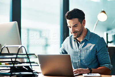 Buy stock photo Business man, laptop and typing in office for planning strategy, online research and working at desk. Employee, computer and website connection for digital project, internet software or tech analysis