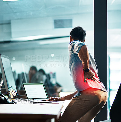 Buy stock photo Back pain, injury and business man at desk with red muscle, health risk and fatigue in office. Uncomfortable employee with spine problem, bad posture and injured body with glow of burnout from stress