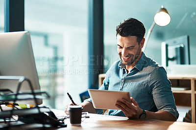 Buy stock photo Business man, tablet and writing notes in office for planning, connection and internet research in agency. Happy male worker, digital technology and strategy for online information, insight and app