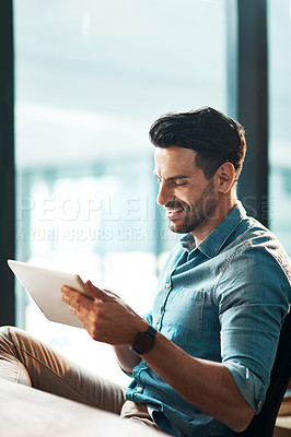 Buy stock photo Business man, tablet and smile in office for planning, connection or internet research in mockup agency. Happy male worker, digital technology and developer of online information, insight and iot app