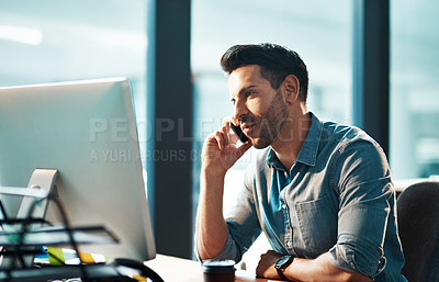 Buy stock photo Serious man, phone call and computer in office for conversation, communication and planning contact. Employee talking on cellphone at desktop for mobile networking, consulting and business feedback