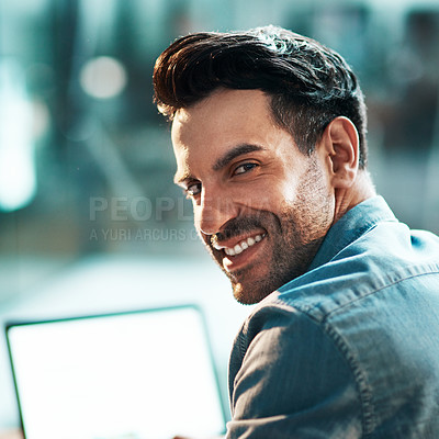 Buy stock photo IT man, face and smile for portrait in office with confidence, and commitment to company business. Happy male entrepreneur working in startup agency with pride, professionalism and motivation