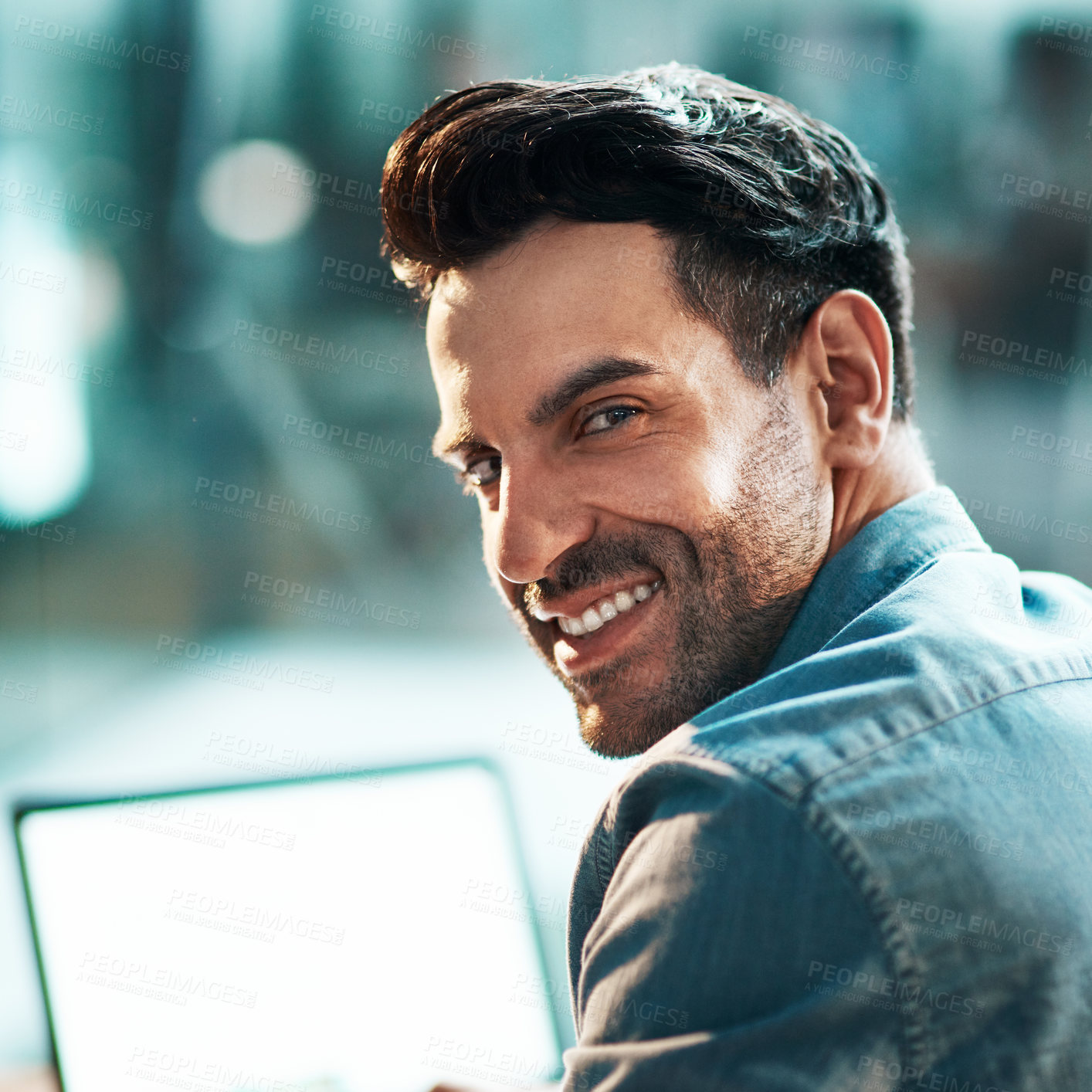 Buy stock photo IT man, face and smile for portrait in office with confidence, and commitment to company business. Happy male entrepreneur working in startup agency with pride, professionalism and motivation