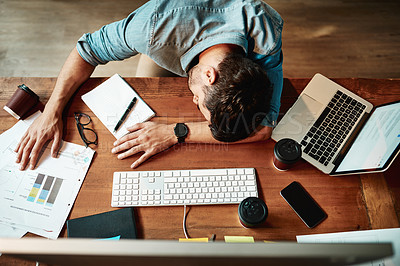Buy stock photo Top view, tired man and sleeping at desk in office with burnout, bored and stress. Fatigue, lazy and overworked business employee taking nap at table for frustrated deadline, depression or low energy