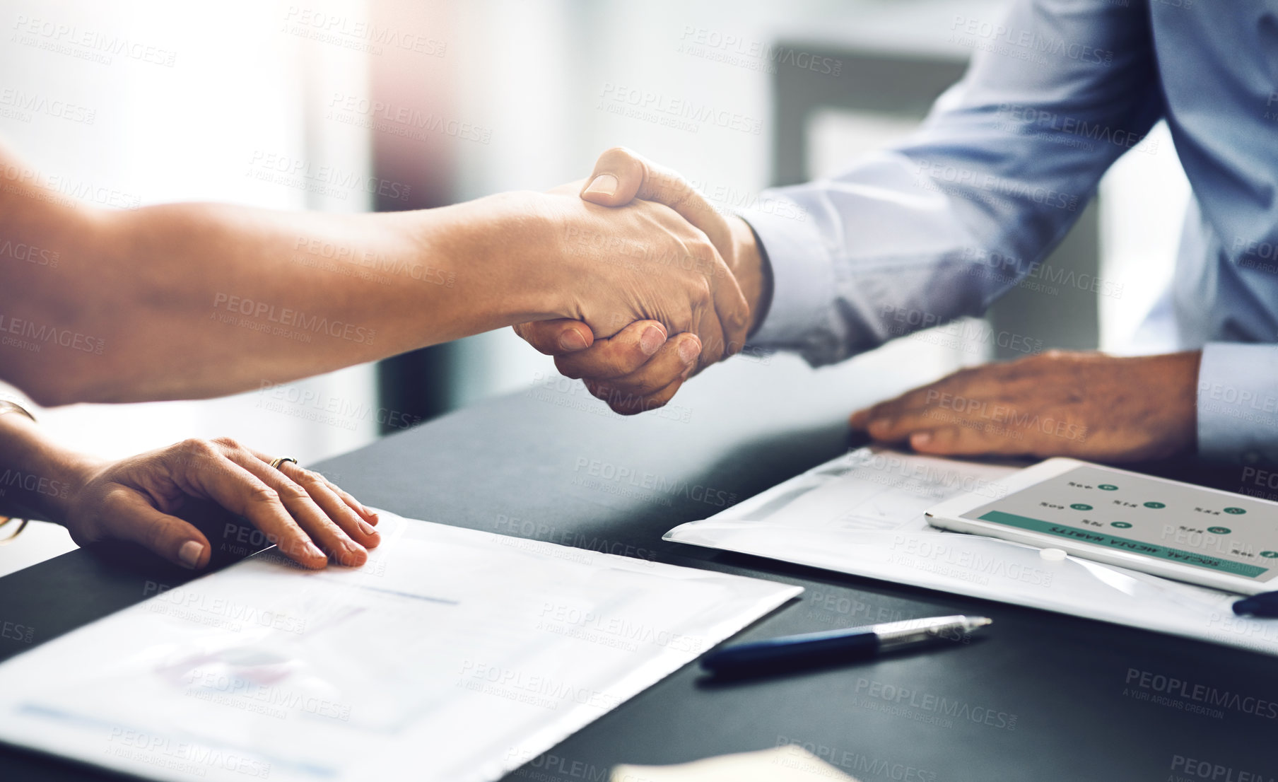 Buy stock photo Handshake, closeup or business people in contract agreement for collaboration, B2B partnership or meeting. Deal, welcome or financial advisor shaking hands for onboarding, opportunity or recruitment