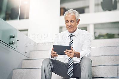 Buy stock photo Tablet, stairs and mature business man in office for planning, private equity associate and research. Portfolio management, risk analysis and capital investment with person in finance firm. 