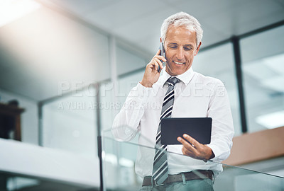 Buy stock photo Tablet, phone call and contact of business man in office for client consulting, private equity associate and report. Portfolio management, communication and capital investment with mature person