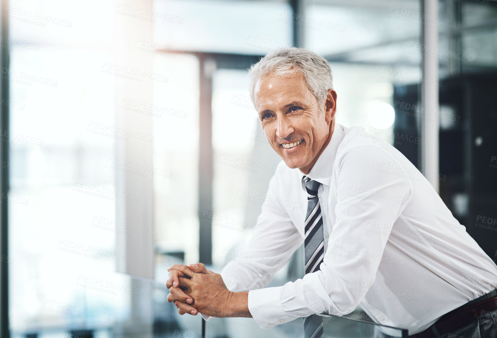 Buy stock photo CEO, smile and mature businessman with vision for sales growth, inspiration and mindset. Planning, happy manager and thinking of idea for reflection, view and insight for future by office balcony