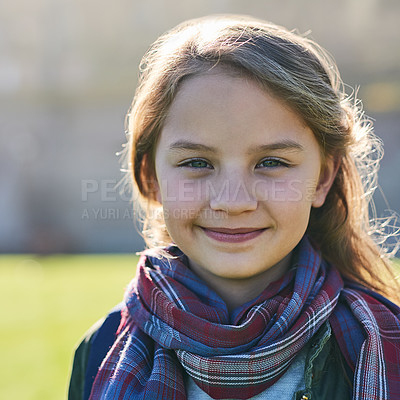 Buy stock photo Portrait of an elementary school girl standing outside
