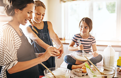 Buy stock photo Happy mother, family or kids baking in kitchen with siblings learning cookies recipe or mixing pastry at home. Mom, cooking or baker helping or teaching children to bake together for development 
