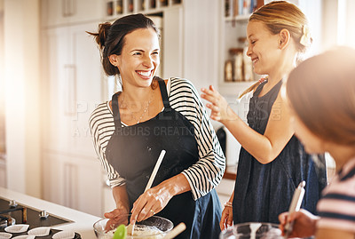 Buy stock photo Funny mother, happy family or kids baking in kitchen with siblings learning cookies recipe or mixing pastry. Laughing, home or mom helping or teaching children to bake together for cooking skills 