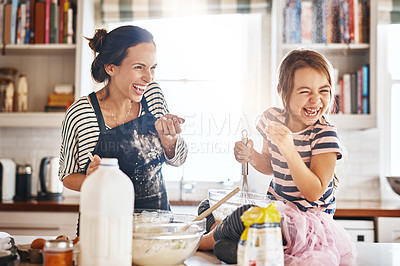 Buy stock photo Mother, play or kid baking in kitchen as a happy family with an excited girl laughing or learning cookies recipe. Playful, flour or funny mom helping or teaching kid to bake for development at home