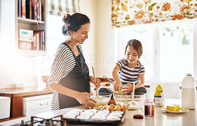 Buy stock photo Mom cooking or girl child baking in kitchen as a family with a young kid learning cookies recipe at home. Cake pastry, baker or happy mother helping or teaching daughter to bake for skill development