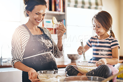 Buy stock photo Mother, playful or kid baking in kitchen as a happy family with an excited girl laughing or learning cookies recipe. Smile, flour or funny mom helping or teaching kid to bake for development at home