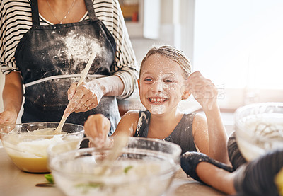 Buy stock photo Mom, playing or happy girl baking in kitchen as a happy family with a playful young kid with flour at home. Dirty, messy or mom helping, cooking or teaching fun daughter to bake for child development