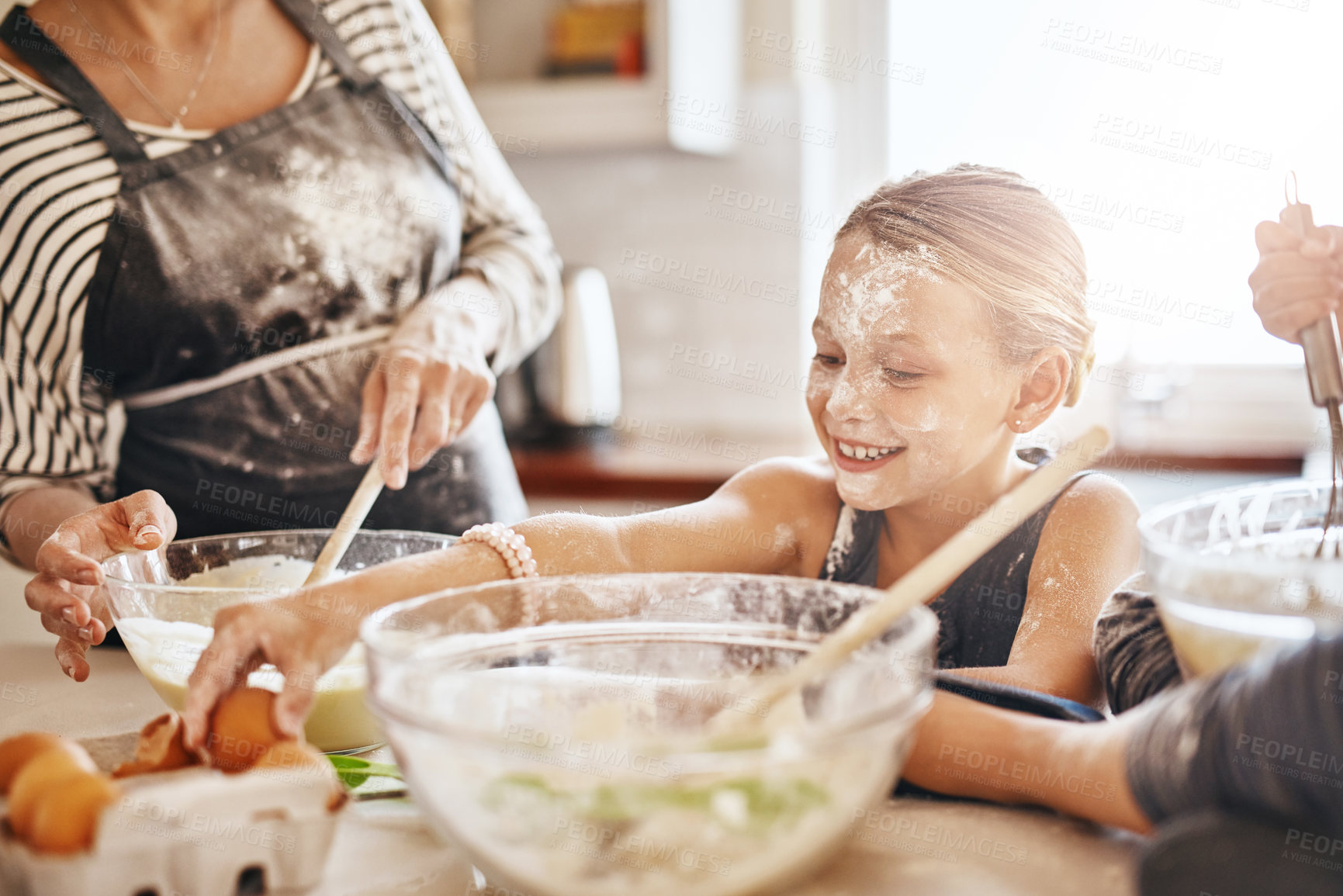 Buy stock photo Learning, playing or messy kid baking in kitchen with a young girl smiling with flour on a dirty face at home. Smile, happy or parent cooking or teaching a fun daughter to bake for child development 