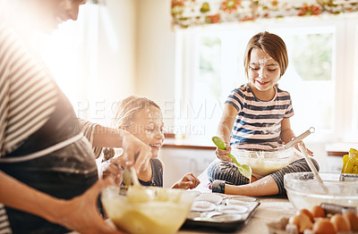 Buy stock photo Mother, playing or happy kids baking in kitchen as a happy family with playful young siblings with flour. Dirty, messy or funny mom helping, cooking or teaching girls to bake for learning at home