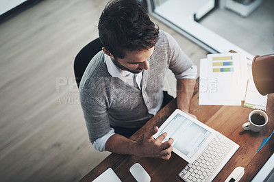 Buy stock photo Businessman, tablet and research by desk with typing for project feedback and email notification for report. Male person, digital tech screen and internet for about us and website homepage with above