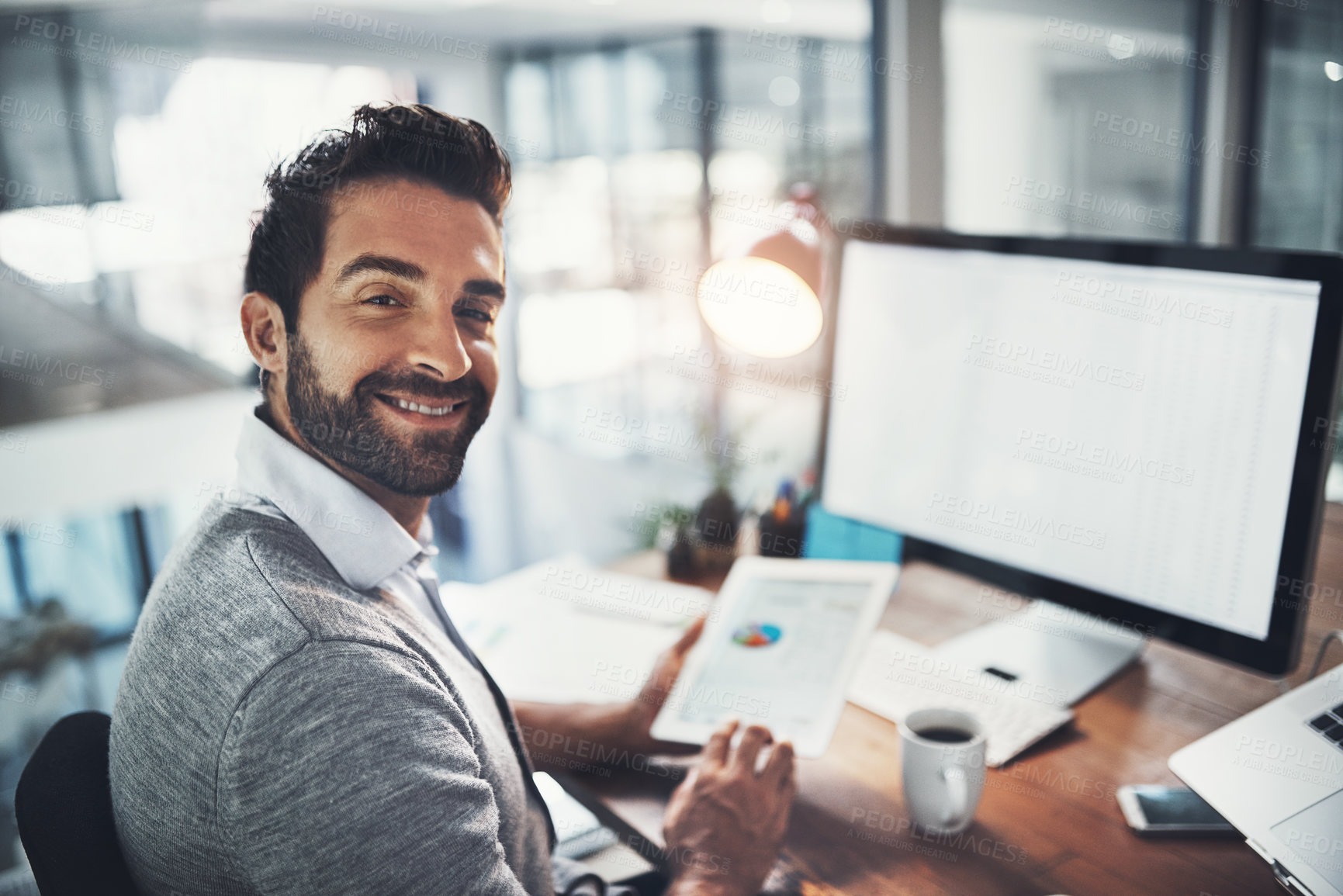 Buy stock photo Businessman, portrait and tablet for online research with web design and software development for seo project in office. Designer guy, tech and internet for check website traffic and algorithm review