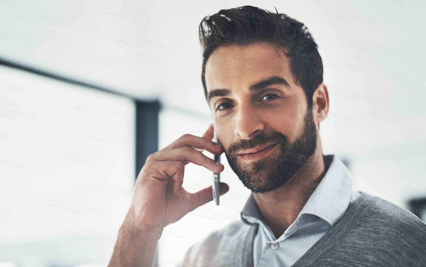 Buy stock photo Man, portrait and phone call in office to connect for business deal, chat and schedule interview. Male person, professional and collaboration opportunity or talking on app, contact and plan proposal