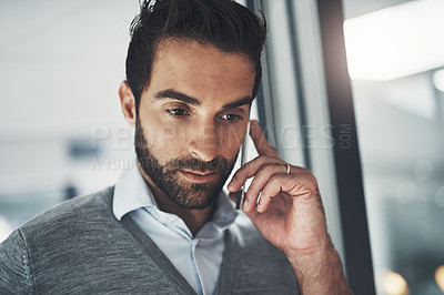 Buy stock photo Man, client and phone call in office for speaking of business deal, chat and schedule interview. Male person, professional and collaboration opportunity or talking on app, contact and plan proposal