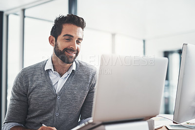Buy stock photo Laptop, research and man in office with smile, notes and business networking at digital agency. Reading, thinking and professional businessman at desk with online report, review or project management