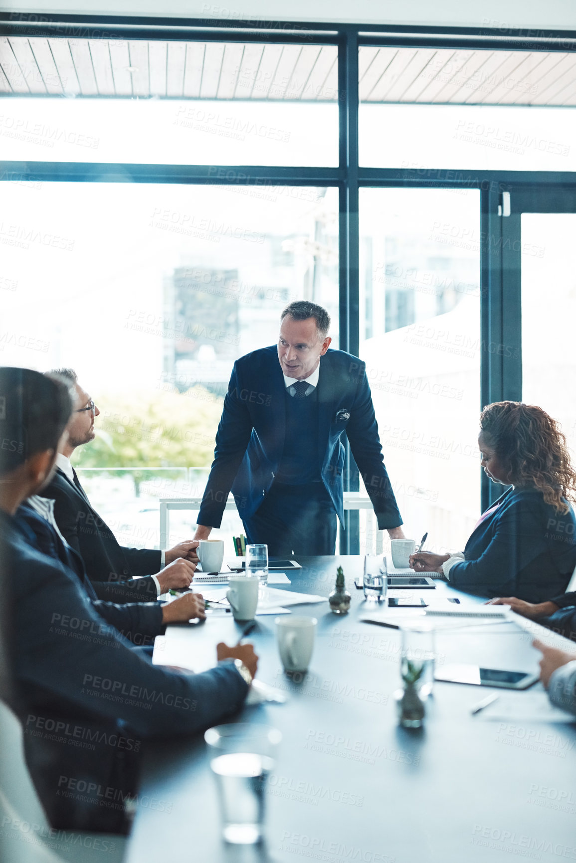 Buy stock photo Meeting, planning and business people in office with boss, ideas and sales development advice. Leadership, collaboration and finance team in conference room together for strategy, support and growth.