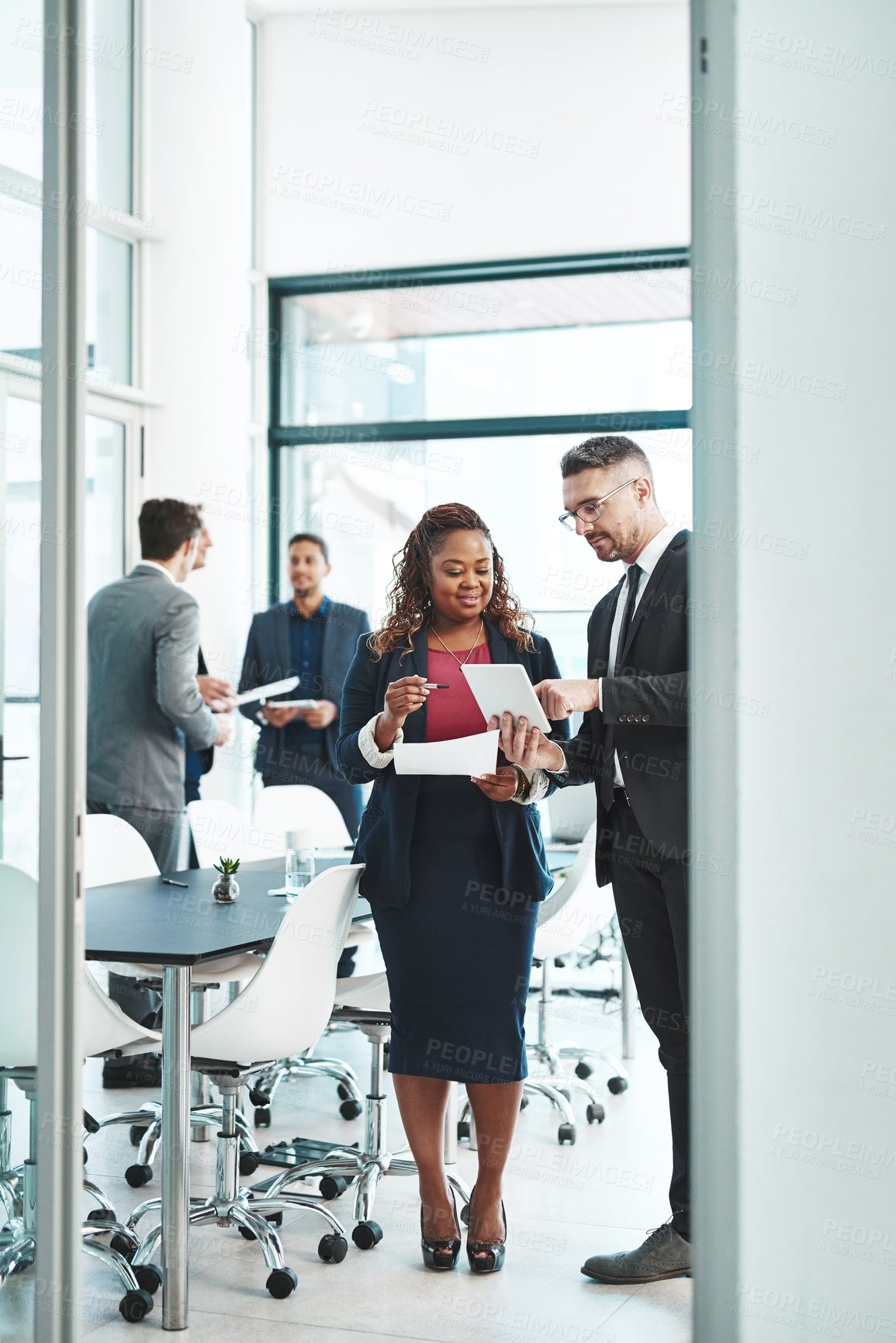 Buy stock photo Document, tablet and business people in office with advice, ideas or planning online report together. Man, woman and digital app in meeting with discussion, schedule or support in corporate teamwork